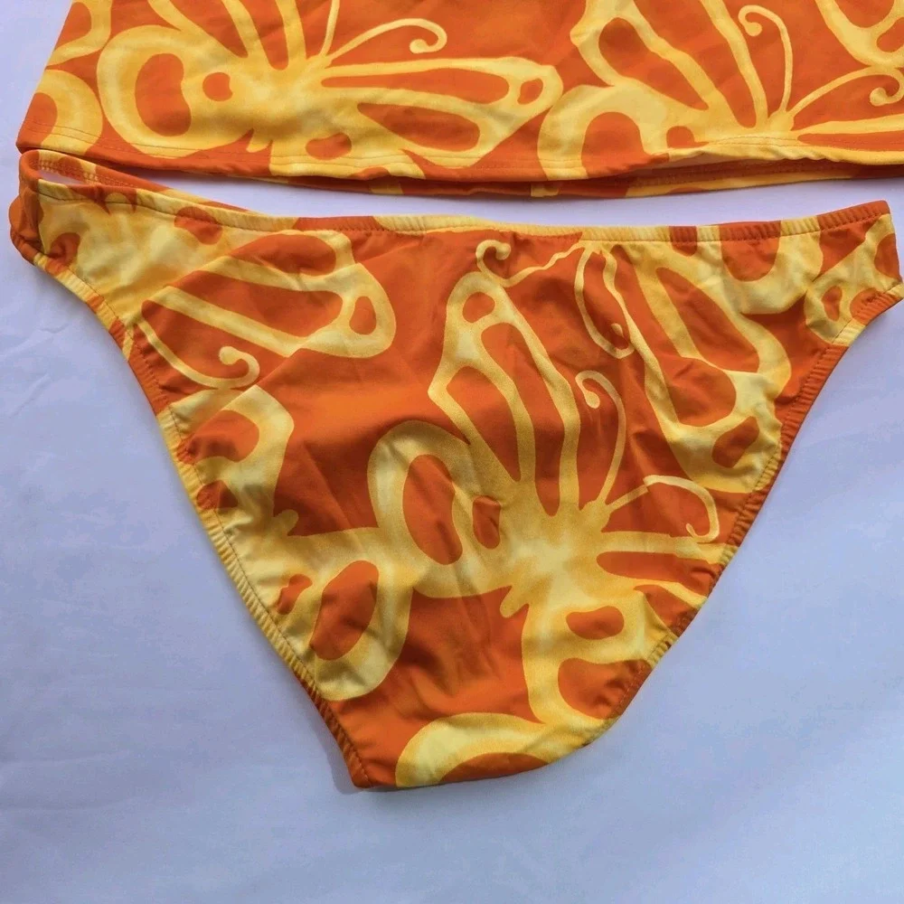 Venus Butterfly Print Tankini Swimsuit Set Womens L 14 Orange Yellow Halter Y2K